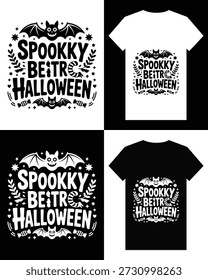 This image shows a t-shirt mockup with a spooky halloween design featuring bats, floral details, and bold 'spooky better halloween' text.