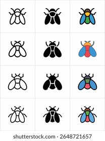 Esta imagem mostra doze ícones de mosca. Cada linha representa o mesmo estilo de ícone de mosca em três representações visuais distintas com contorno, preto sólido e com cores variadas.