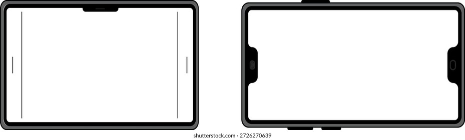 Esta imagem mostra dois ícones de smartphones pretos com telas brancas em branco em branco exibidas lado a lado em um fundo branco plano, destacando seus designs elegantes e áreas de exibição vazias
