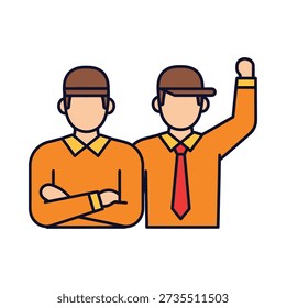 This image shows two cartoon men in orange shirts and brown hats standing together, one with his arm raised and the other with his arms crossed