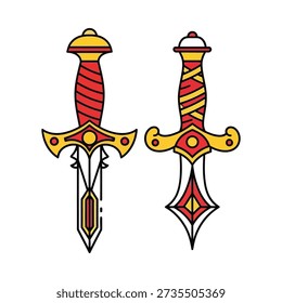 This image shows two cartoon-style swords with red and yellow handles and blades against a white background. Featuring colourful