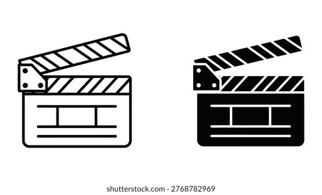 This image shows two clapperboards, one in a traditional light gray and white color scheme and the other in solid black and white. The clapperboards are iconic symbols used in the film industry to mark the start of a scene, sync sound, and provide essential information like scene numbers and takes.