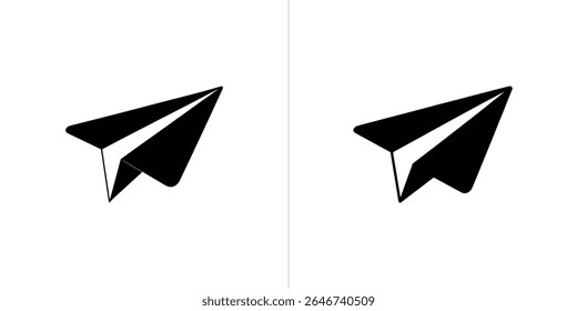This image shows two clean and isolated paper airplane silhouette designs, presented in black against a bright white background, ideal for logos or icons.
