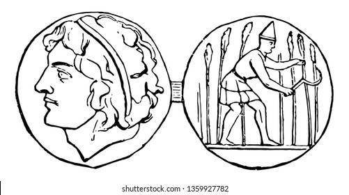 This image shows the two coins. On the surface of a coin there is a face of a man and a man reaping grain on the other side, vintage line drawing or engraving illustration.