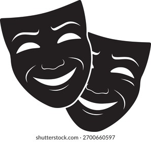 This image shows two contrasting black theatre masks, one conveying joy and the other sadness. The expressive white lines define each mask's emotion, set against a transparent background.