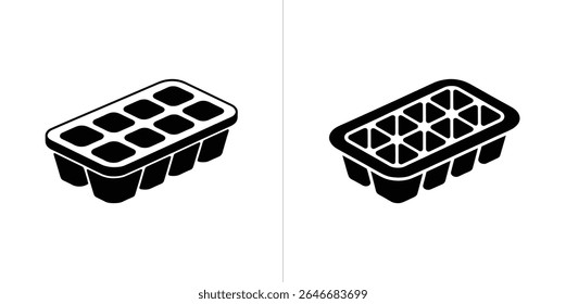 This image shows two different black ice cube trays in black and white. The left tray has square shapes, while the right tray has triangular ice compartments.