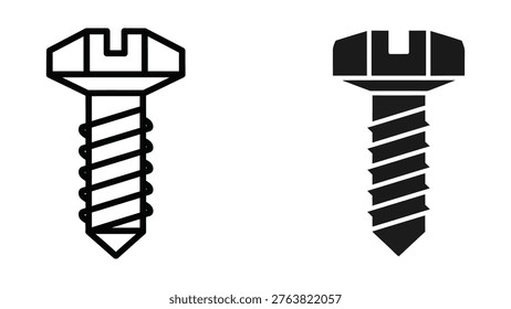 This image shows two different screw illustrations side by side. The screw on the left is a standard outline drawing, displaying the head, slots, and threaded shaft. The screw on the right is filled in black, highlighting the same features but with solid coloring to emphasize its structure and design details. This contrast can be useful for educational purposes or design documentation.