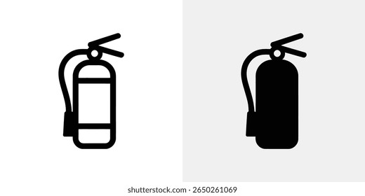 This image shows two fire extinguisher icons one as a black outline and one as a solid black shape, both against a split white and gray background. The icons represent fire safety.