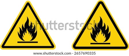 This image shows two flammable material warning signs. The signs are yellow triangles with a black border and a black flame symbol inside, indicating a fire hazard and dangerous risk.