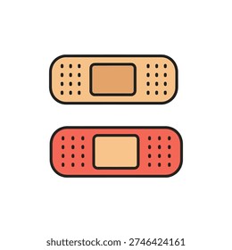 This image shows two flat, rectangular bandages placed horizontally. The top bandage is light brown with a white center pad and perforated edges, while the bottom bandage is red with the same white center pad and perforated edges. Both bandages have a similar shape and design, indicating they are used for covering minor wounds or cuts to protect and promote healing.