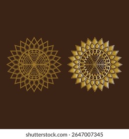 Esta imagem mostra duas mandalas douradas sobre um fundo marrom. O da esquerda é somente traçado, o da direita é preenchido com gradiente de ouro. Ambos têm padrões geométricos detalhados.