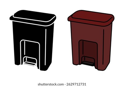 Esta Imagen muestra dos ilustraciones de un bote de basura escalonado, uno en negro y otro en marrón.  Ambos son dibujos de líneas simples con un pedal.
