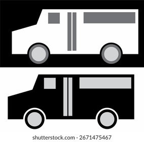 Esta Imagen muestra dos ilustraciones minimalistas de un autobús o furgoneta. La primera ilustración es blanca con detalles de color gris oscuro sobre un fondo gris oscuro. El segundo es el reverso, un autobús gris oscuro con luz g