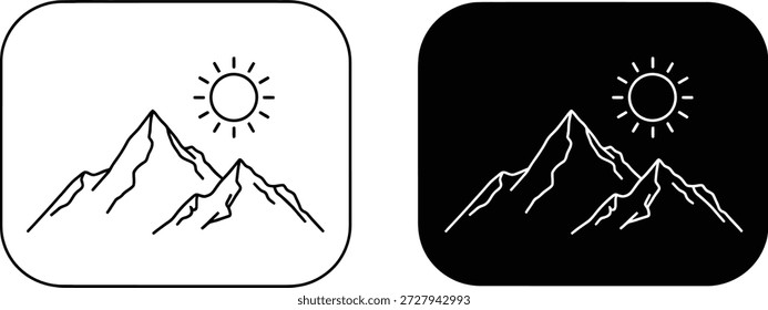 This image shows two minimalist line art illustrations. One features a white background, the other a black background. Both display a mountain range and sun.