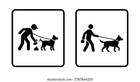 This image shows two square warning signs, each depicting a person walking a dog on a leash, rendered in a stark black silhouette style against a white background. The signs convey messages about responsible pet ownership.