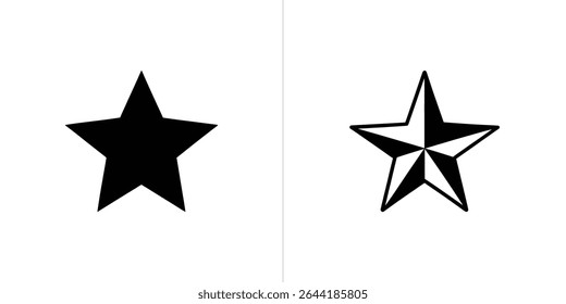Esta imagem mostra duas estrelas projetando uma estrela preta sólida e preenchida e uma estrela bordada com seções brancas e pretas, ambas isoladas sobre um fundo branco.