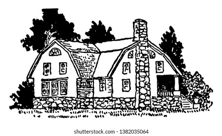 This image shows the two story house with chimney. There are so many trees in the back yard of the house, vintage line drawing or engraving illustration.