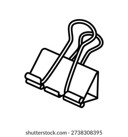 This image shows two traditional binder clips made from metal, designed to hold sheets of paper securely. The clips are depicted in a monochromatic style with bold outlines, emphasizing their simple yet functional design. The top clip is slightly open, showing its spring mechanism, while the bottom clip is closed, illustrating its gripping capability.