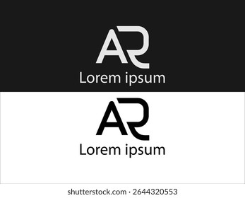 This image shows two variations of a logo design featuring the letters AR The first variation displays the letters in light grey on a black background 