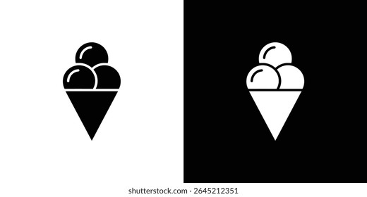 Esta imagem mostra duas versões de um ícone de cone de sorvete, um em preto sobre branco e o outro em branco sobre preto, ambos estilizados como arte de linha minimalista.