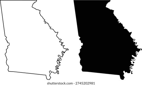This image shows two versions of a map of Georgia. On the left, the state of Georgia is depicted in white with its borders and coastline clearly outlined. On the right, the same state is filled in solid black, highlighting its full shape and boundaries against a white background. The difference emphasizes the state's full geographical extent.