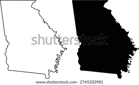 This image shows two versions of a map of Georgia. On the left, the state of Georgia is depicted in white with its borders and coastline clearly outlined. On the right, the same state is filled in solid black, highlighting its full shape and boundaries against a white background. The difference emphasizes the state's full geographical extent.