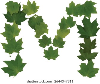 This image shows the uppercase letter M creatively formed using multiple green maple leaves, creating a visually appealing and nature-themed representation of the letter.