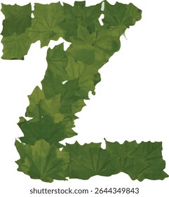 This image shows the uppercase letter Z formed by numerous overlapping green leaves, creating a natural and organic representation of the letter.