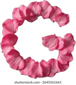 This image shows the uppercase letter G formed by many pink rose petals, arranged to create the shape of the letter against a white background.