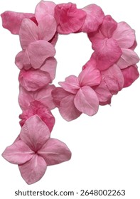 This image shows the uppercase letter "P" formed by many pink flower petals, creating a visually appealing and organic representation of the letter.