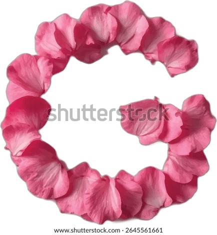 This image shows the uppercase letter G formed by many pink rose petals, arranged to create the shape of the letter against a white background.