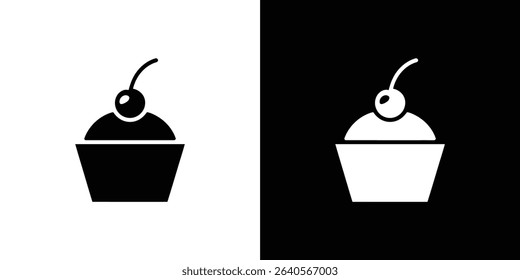 This image shows a vector cupcake icon in two variations. One cupcake is black on a white background, and the other is white on a black background. Both have a cherry on top.