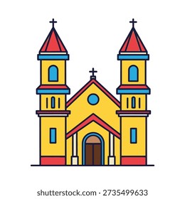 This image shows a vibrant cartoon-style illustration of a church with yellow walls, red and blue accents, and two towers