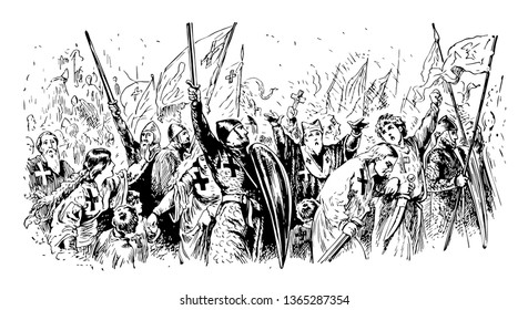 This image shows the view of the Crusades. There are many villages along with their weapons and flags, vintage line drawing or engraving illustration.