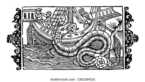 This Image Shows The View Of The Sea. There Is A Larger Serpent Inside The Sea. There Is A Larger Boat Inside The Sea Along With Some Towns, Vintage Line Drawing Or Engraving Illustration.