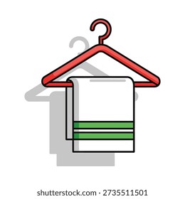 This image shows a white towel with two green stripes hanging on a red plastic hanger. Featuring red hanger, laundry, clothing
