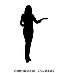 This image shows a  woman in a presenting or pointing pose  used for business concepts The pose suggests the woman is presenting indicating or drawing attention to something  meaning it shows the outline of the subject in a solid color typically beautiful business stock vector photo black and white eps ai illustrate silhouette graphic design background template