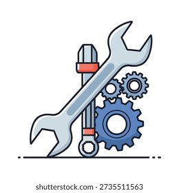 This image shows a wrench and screwdriver with gears, representing repair and maintenance tools. Featuring hardware, equipment
