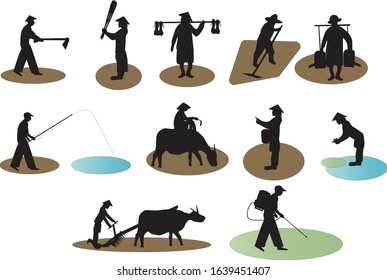 
this image is a silhouette of farmer activities, vector-based EPS10 file types