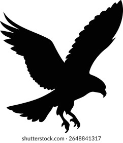 This image is a silhouette of a hawk or falcon in the midst of flight, with its wings spread wide and talons extended, appearing ready to capture prey.