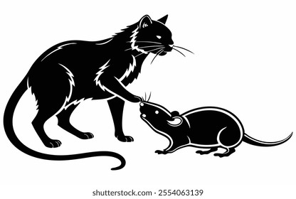 This image is a silhouette illustration of a cat gently touching a mouse, creating an engaging interaction. Perfect for themes related to animals, curiosity, or storytelling.