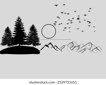 This image is a silhouette illustration of nature: three pine trees on the left, mountains and the sun in the center, and birds flying in the sky.