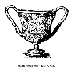 This is the image of Silver Krater. This silver krater was founded in Hildesheim. It is decorated with the design, vintage line drawing or engraving illustration.