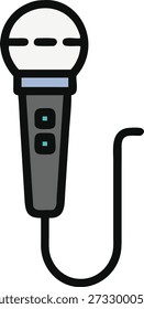 This image is a simple black and white line drawing of a classic microphone icon. The microphone is centered, displaying vintage design suitable for podcasting and audio projects.