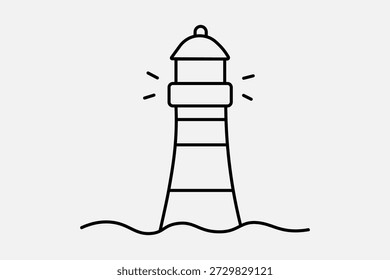 Esta imagem é uma ilustração de arte de linha simples de um farol à beira-mar.