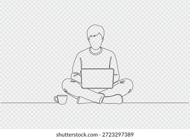 This image is a simple line drawing of a man sitting cross-legged on the floor, working on his laptop. The man is depicted in a minimalist style, with clean lines and minimal detail. He is wearing casual clothing and has a cup placed beside him. The background is transparent, allowing the image to be easily overlaid onto other backgrounds.