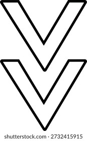 Esta Imagen es un gráfico simple, minimalista, en blanco y negro que representa dos flechas apuntando hacia abajo apiladas verticalmente. Las flechas son estilizadas y geométricas, con líneas claras y audaces que forman la forma de 'V'. La flecha superior es la Pequeña y se coloca encima de una flecha de forma similar Grande debajo de ella. El fondo es blanco liso, asegurando que las flechas sean el único foco. Este ícono se usa comúnmente para indicar una acción de Descarga, una dirección hacia abajo o una disminución en el valor.