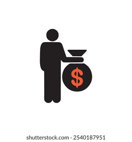 This image is a simple and modern icon representing financial investment or cost management. It features an open hand holding a gear, which has a dollar sign in the center. 