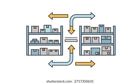 Esta Imagen es una ilustración simplificada de un centro de distribución de almacén que muestra estantes de almacenamiento organizados en ambos lados con vías para el movimiento de inventario y las operaciones de logística
