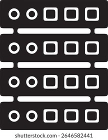 Essa imagem é uma representação simplificada de racks de servidor em um data center. O gráfico usa círculos e quadrados para imitar luzes indicadoras e exibições de status.
